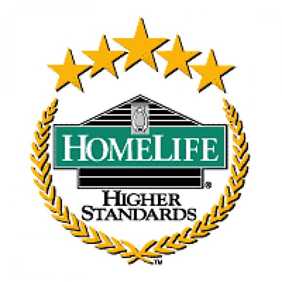HomeLife Higher Standards logo shows five gold stars above a green-and-black house emblem framed by a gold laurel wreath.
